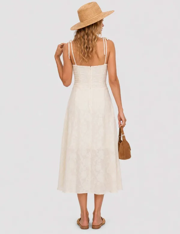 Romantic Jacquard Ruched Strap Cami Midi Dress
