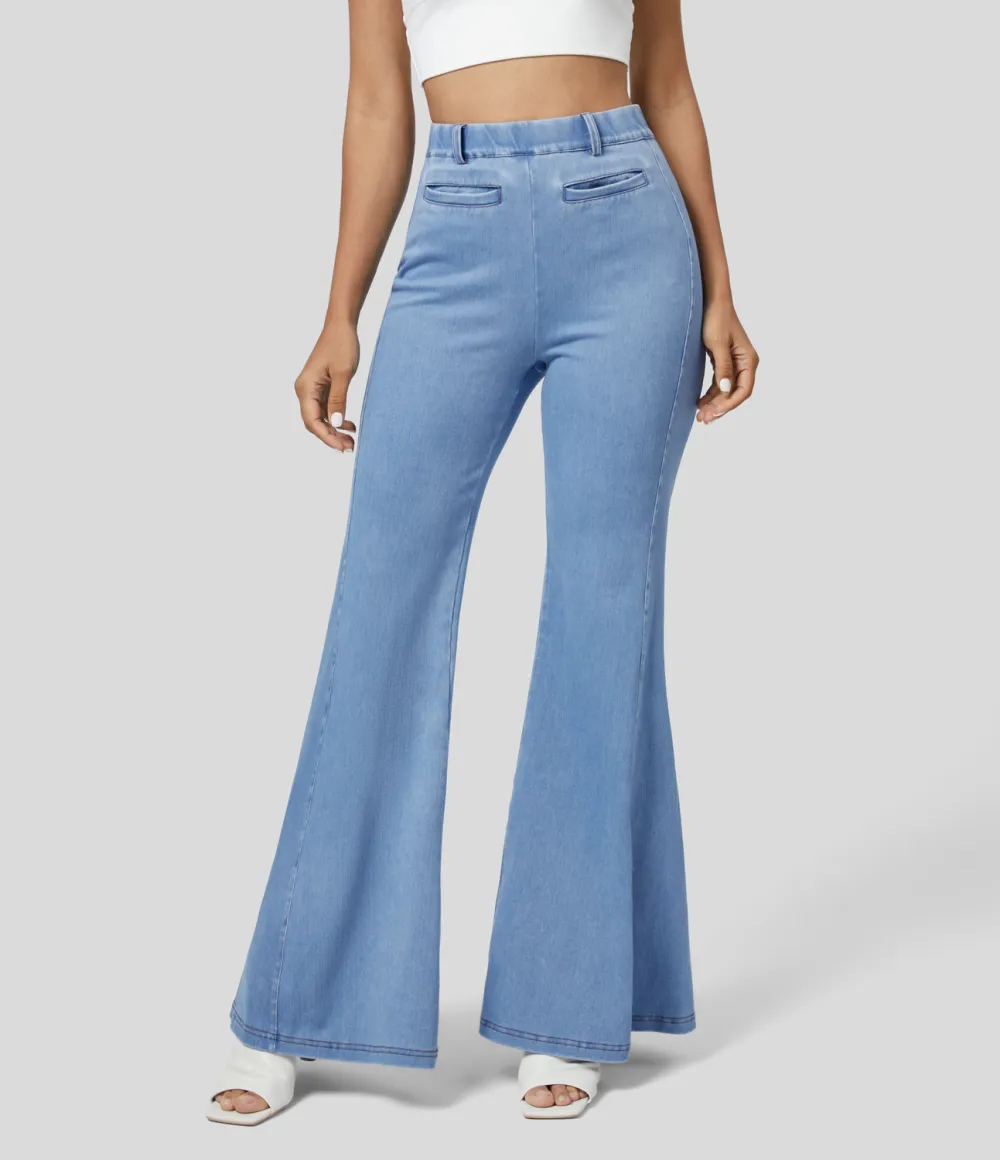 Magic High Waisted Multiple Pockets Washed Stretchy Knit Casual Super Flare Jeans