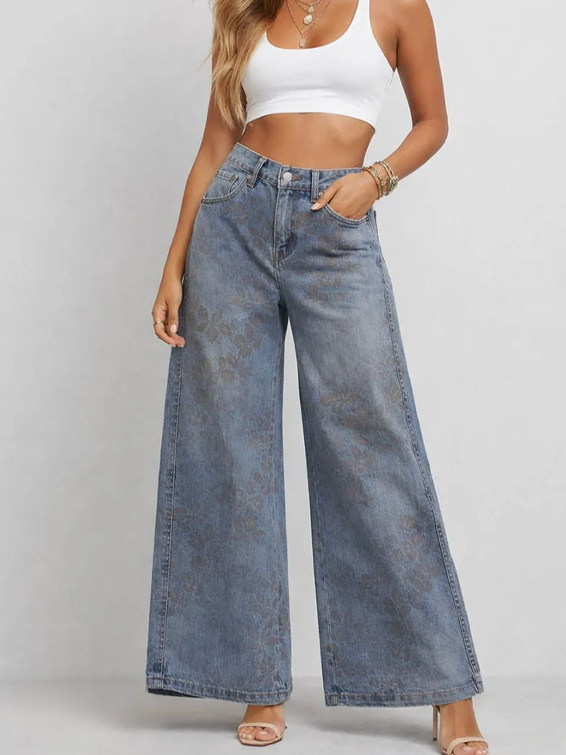 Jacquard Jeans Wide Leg Pockets Denim Pants