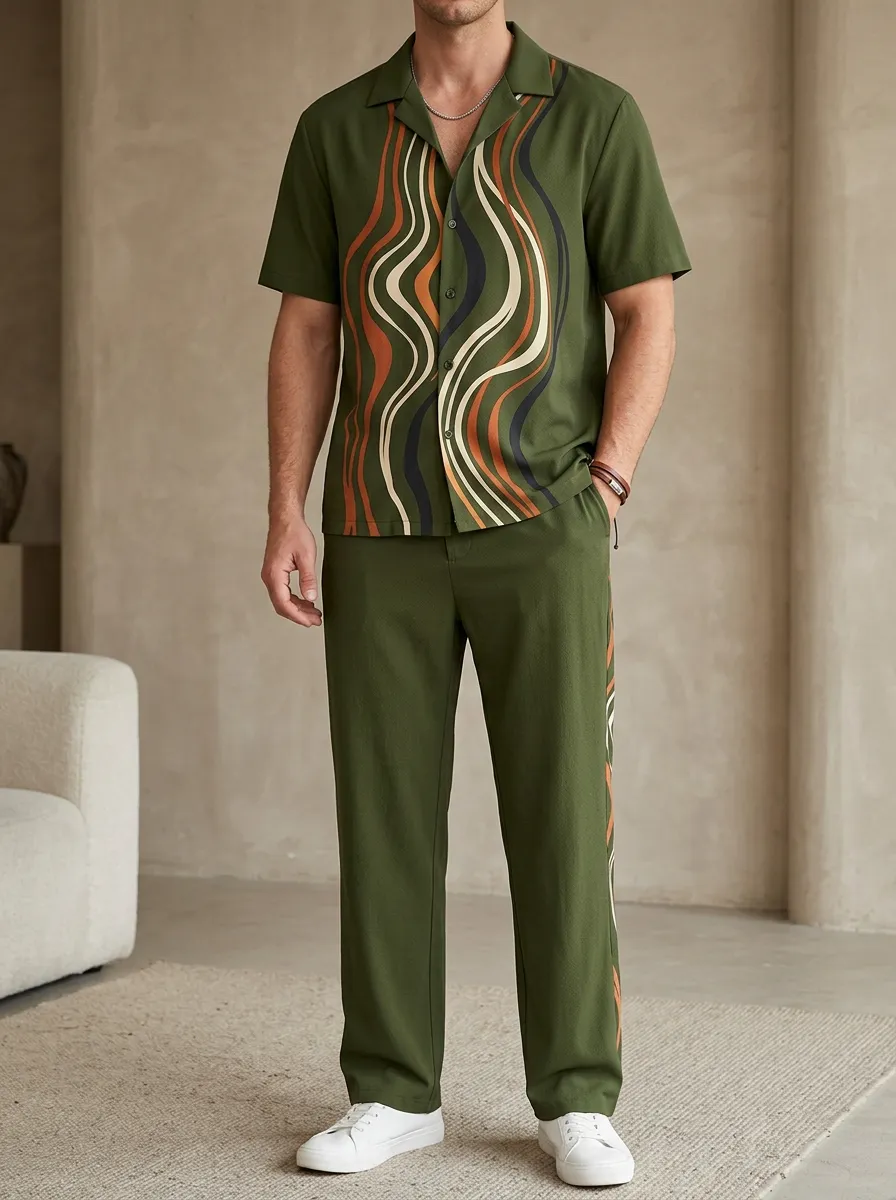 Men's Retro Abstract Wavy Line Printed Casual Set