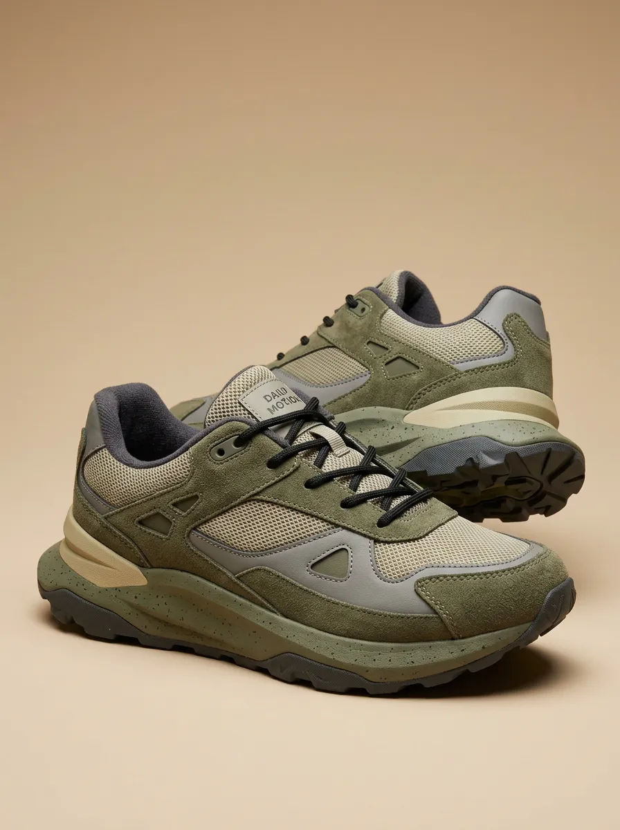 Panelled Hiking-Inspired Suede-Panel Mesh-Panel Casual Sneakers