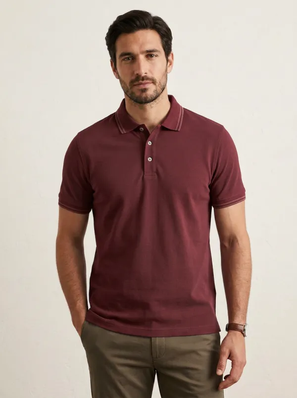 Men's Casual Blue Tipped Collar Striped Cuff Polo Shirt