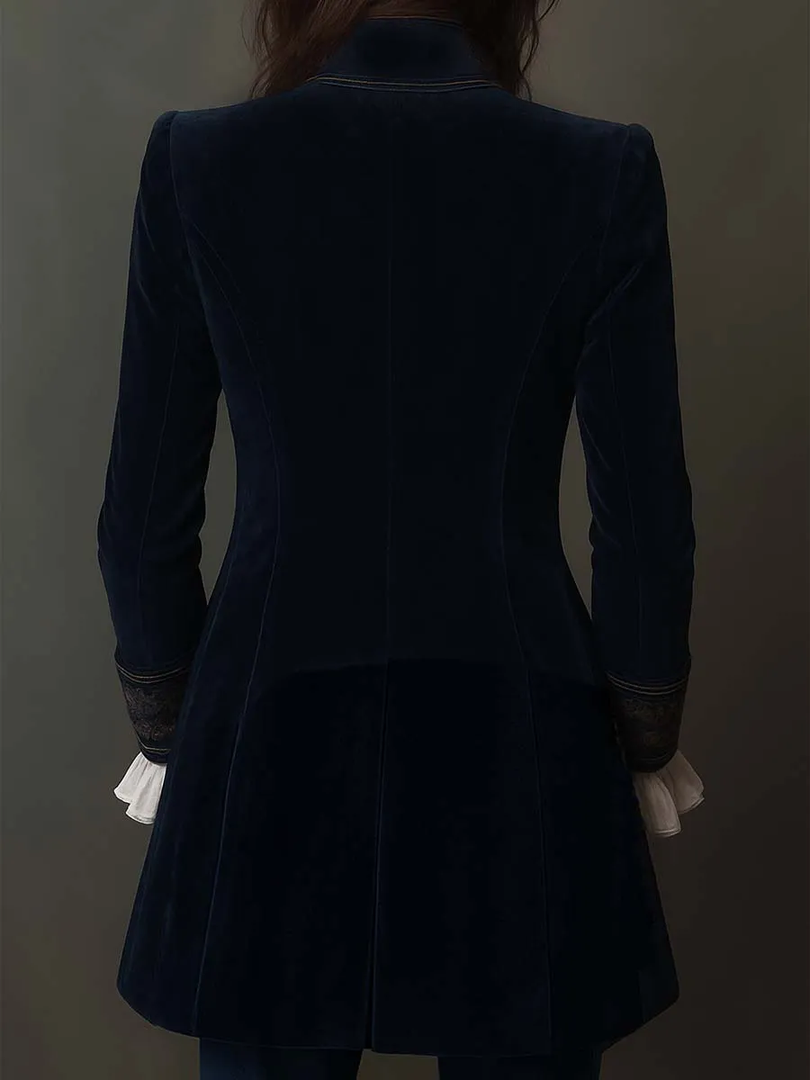 Open-Front Lapel-Collar Velvet Vintage-Inspired Tailored Jacket