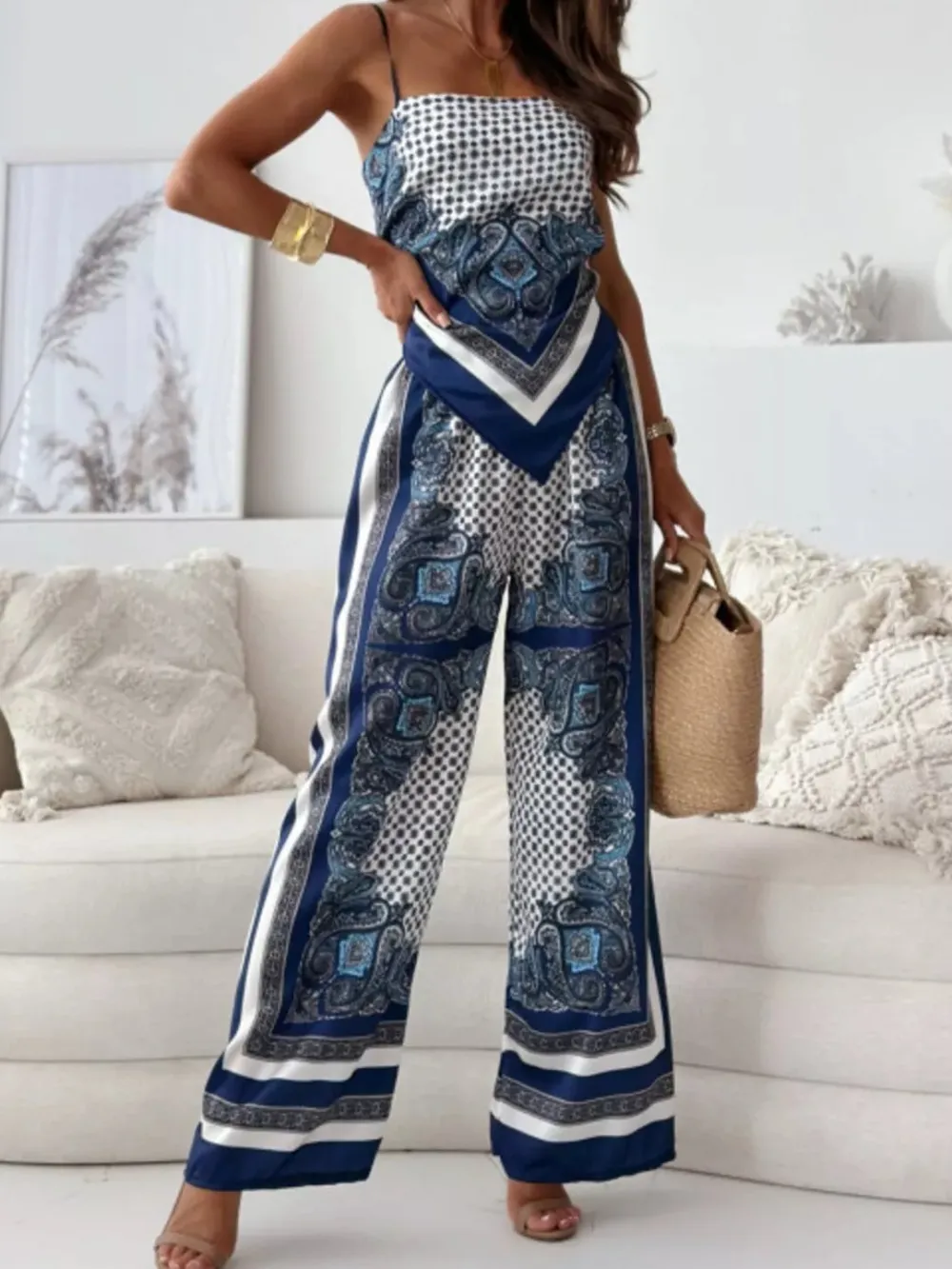 Printed Cami and Wide Leg Pants Set