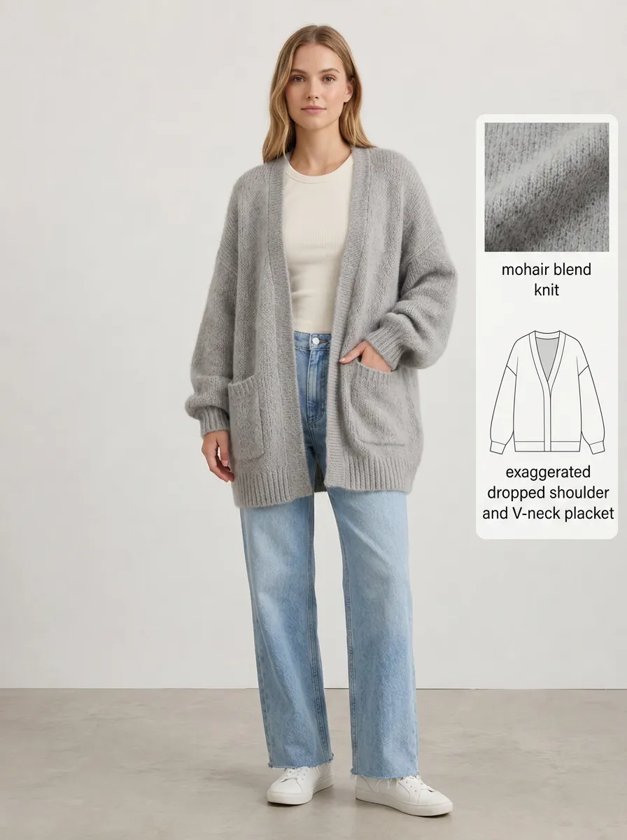 Women's Oversized Mohair Blend Dropped Shoulder V-Neck Cardigan