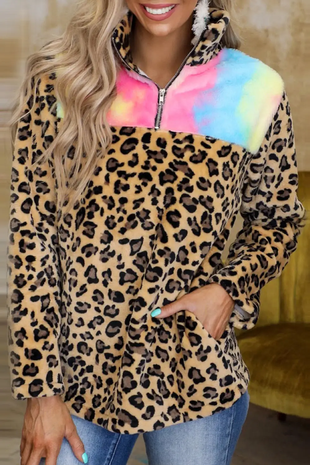 Tie Dye Fleece Leopard Splicing Sweatshirt