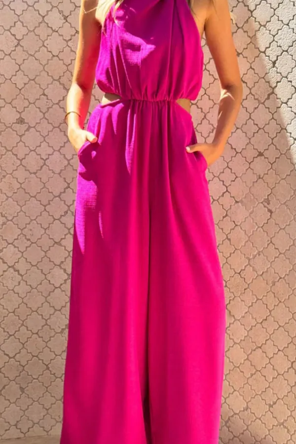 Panel Detail Sleeveless Wide Leg Jumpsuit
