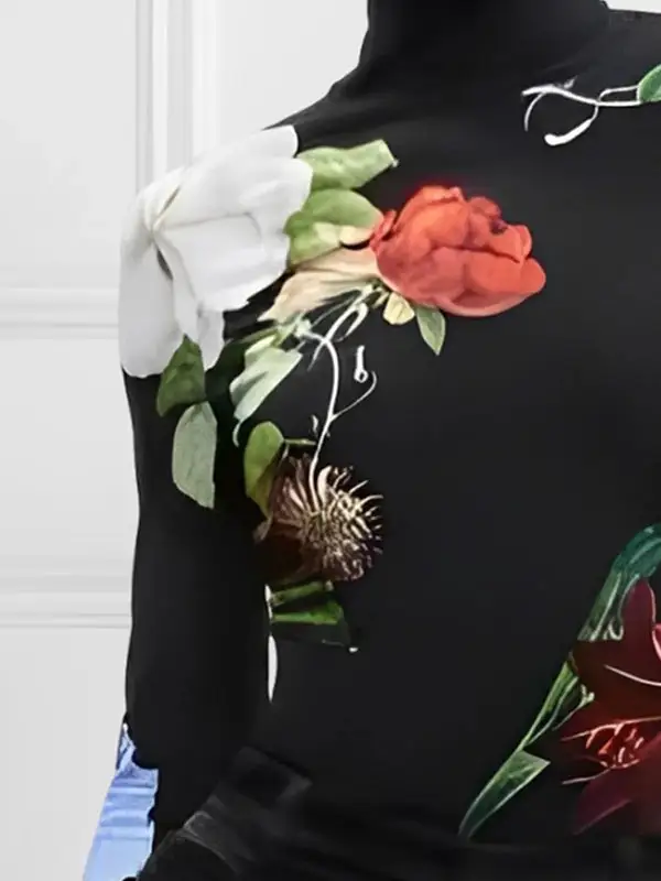Long Sleeve Slim Fit Floral Print Panel Detail High Neck Everyday T-Shirt