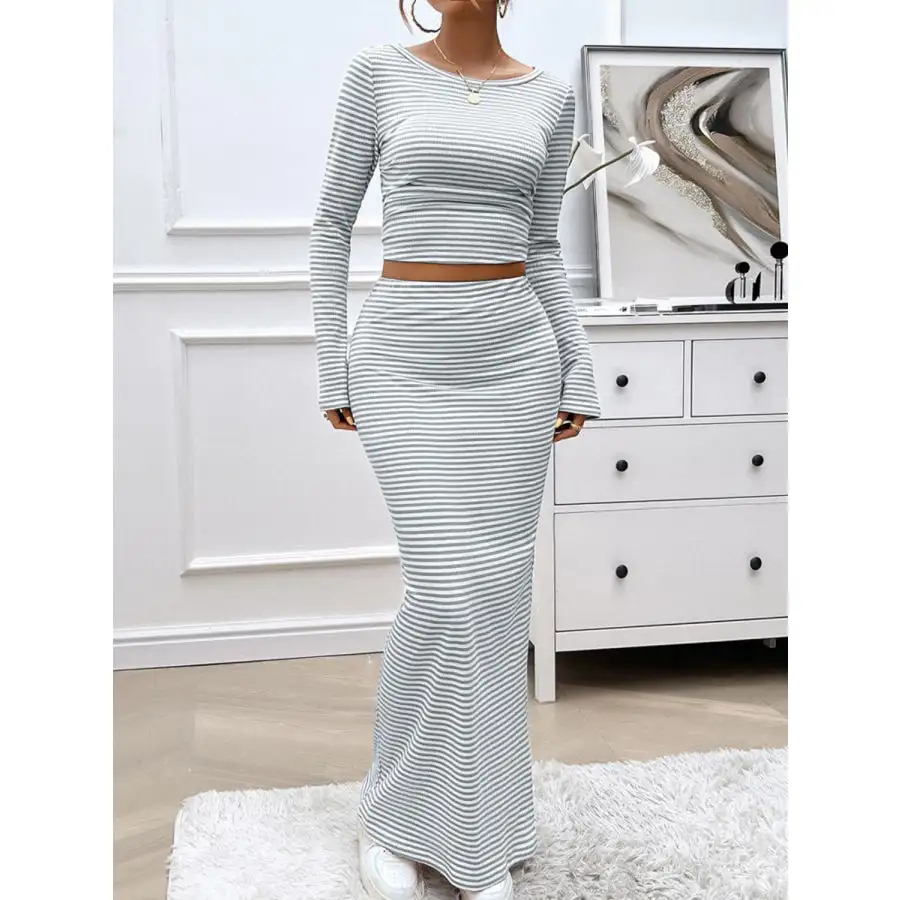 Striped Boat Neck Top and Skirt Set