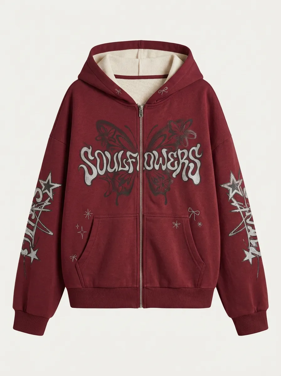 Unisex Streetwear Soulflowers Butterfly Star Printed Zip-up Hoodie