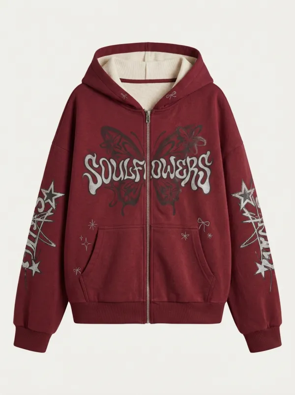 Unisex Streetwear Soulflowers Butterfly Star Printed Zip-up Hoodie