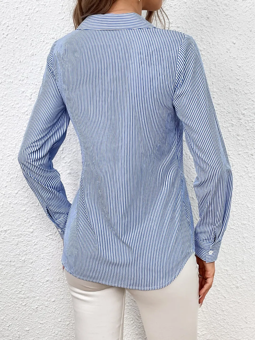 Tie-Waist Johnny-Collar Long-Sleeve Sheer Blouse