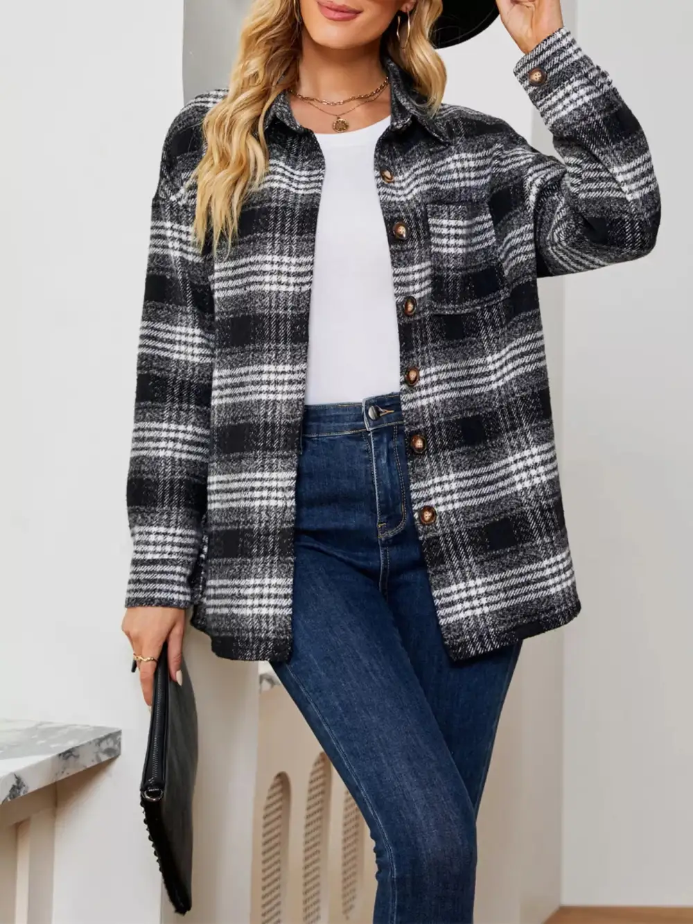 Plaid Button Front Shacket Jacket