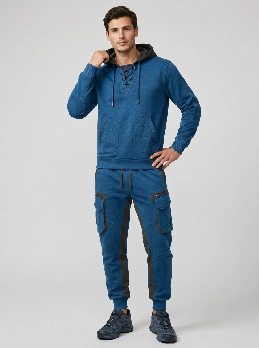 Core Lace-Up Multi Pocket Essential Men's Lace Up Hoodie And Cargo Jogger Set