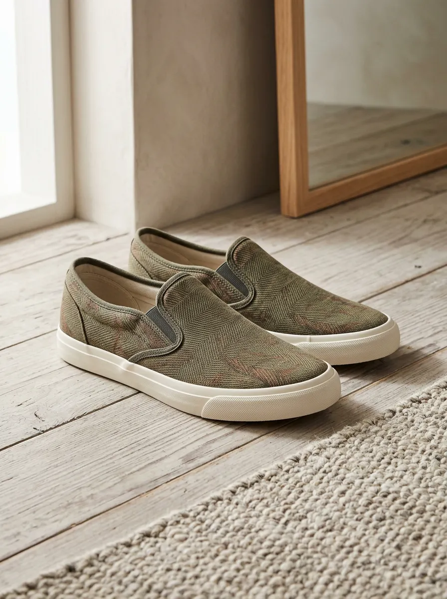 Men's Olive Herringbone Pattern Printed Canvas Slip-on Shoes