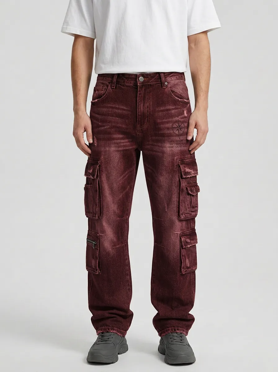 Men's Vintage Compass Graphic Distressed Graphic Cargo Pants