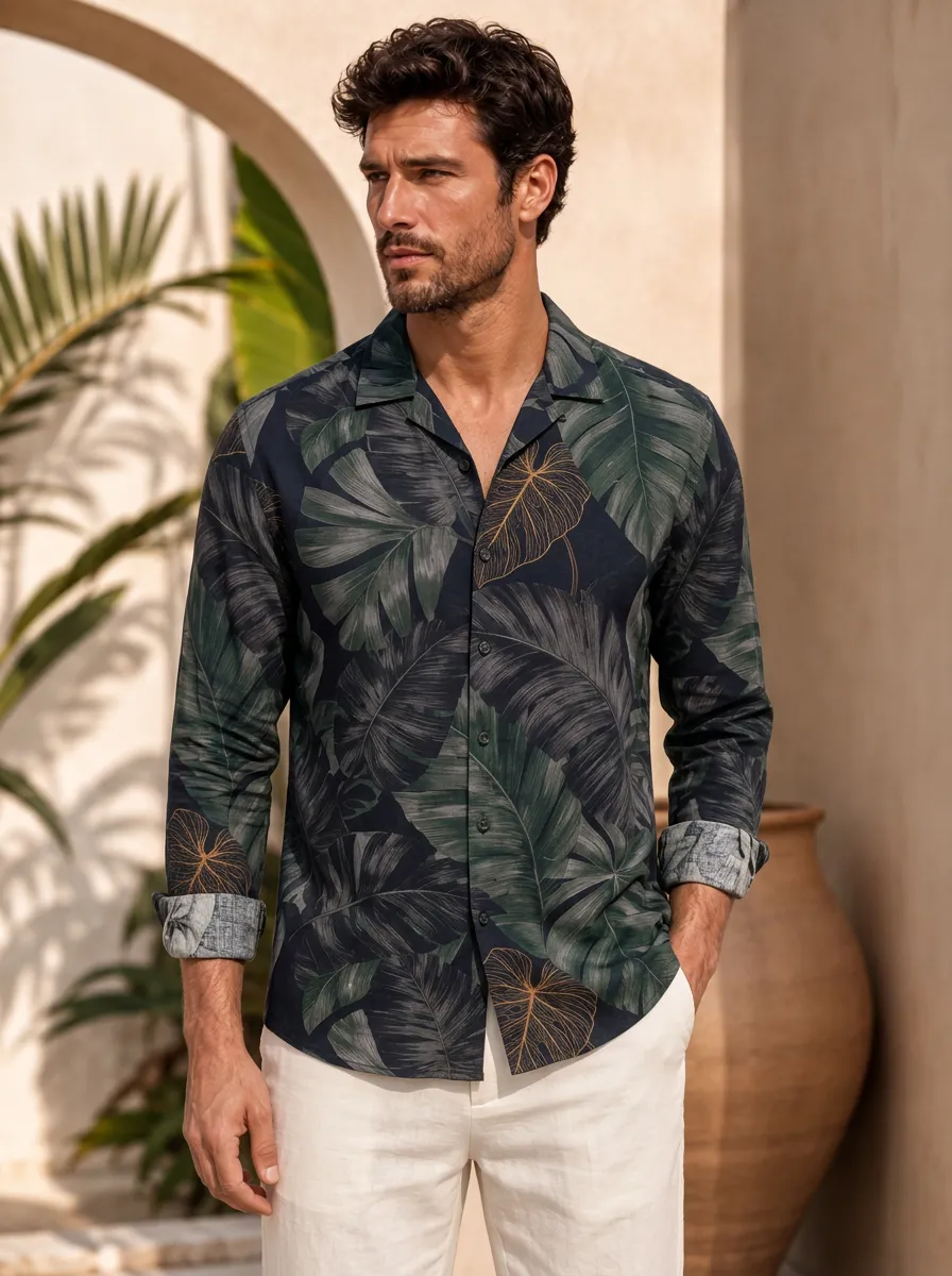 Men's Tropical Print Camp Collar Shirt with All-Over tropical leaf pattern and
