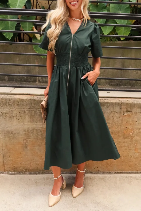 V-Neck Short Sleeve Midi Dress