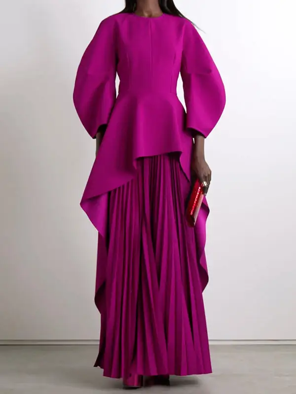 Tiered Pleated Long Neck Maxi Dress