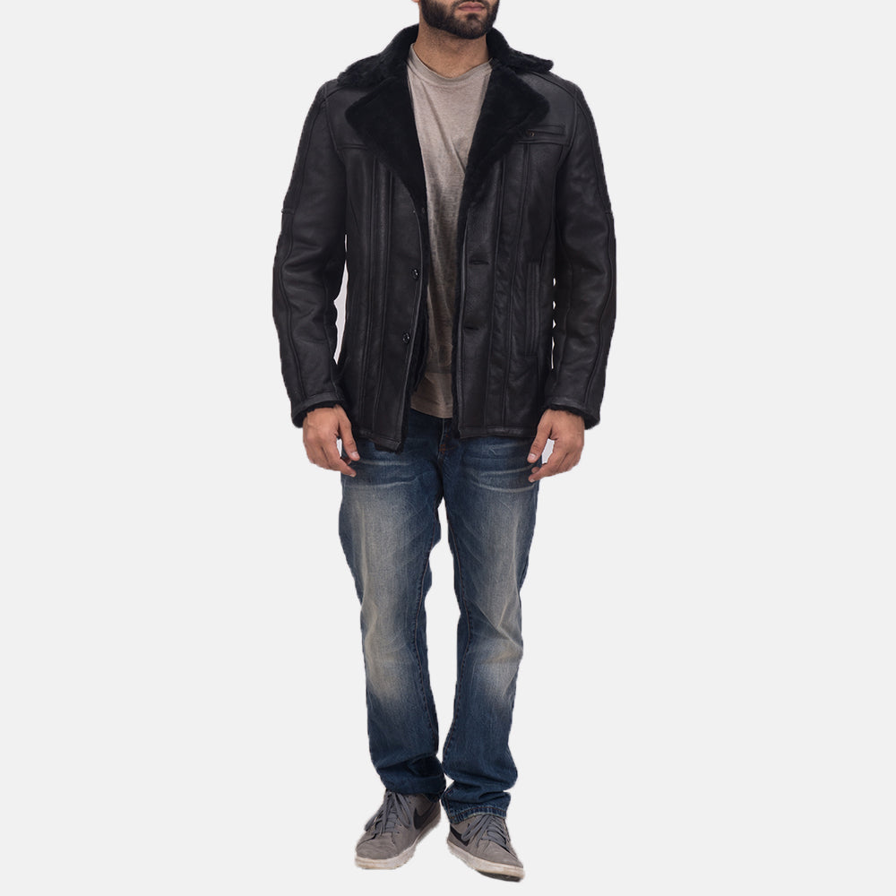 Men's Leather Fur Trim Shearling Coat