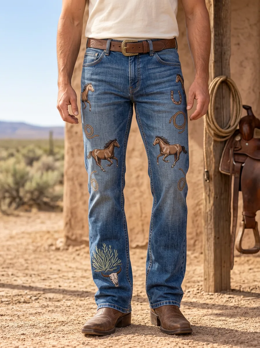 Men's Western Cowboy Horse Lasso Skull Jeans