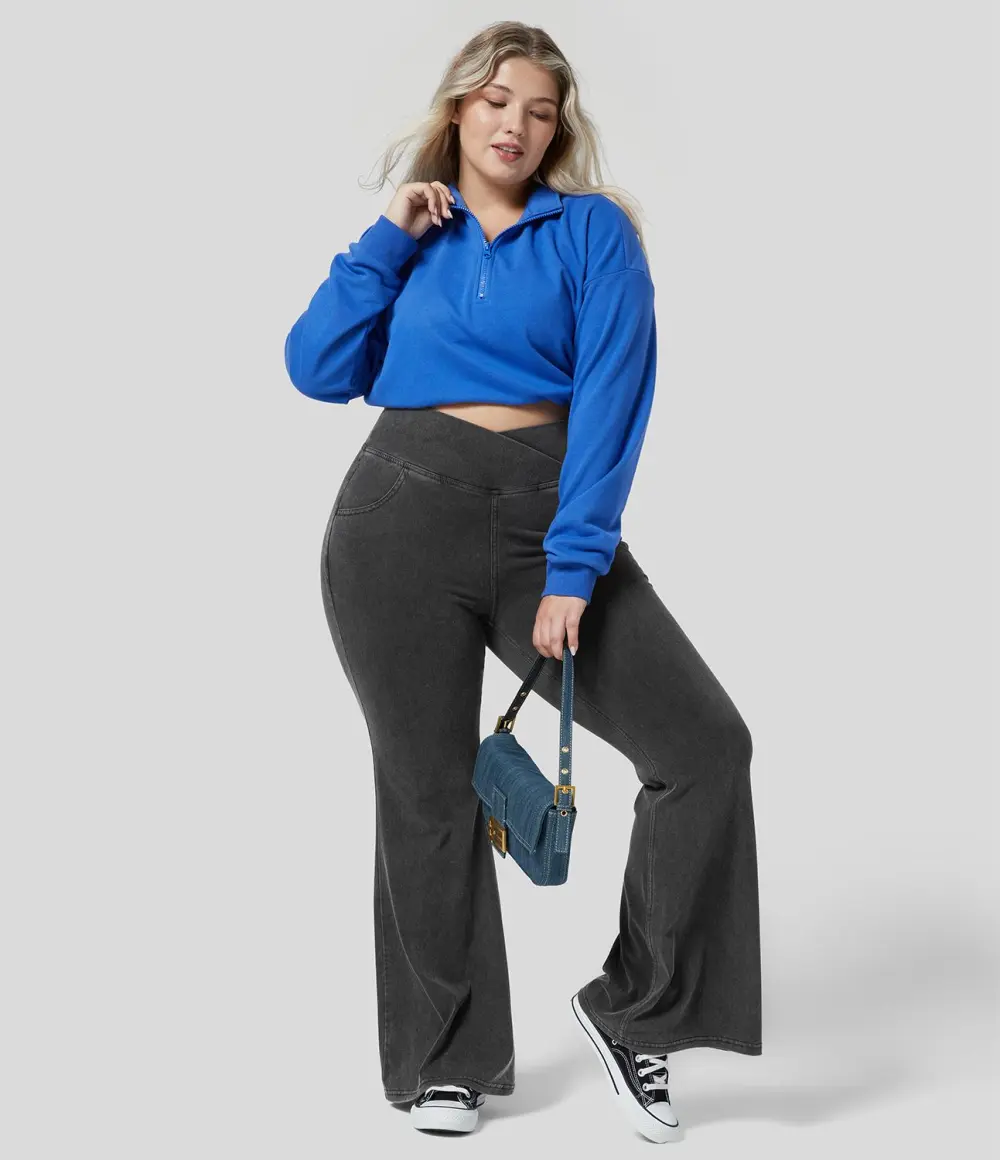 Magic High Waisted Crossover Pocket Cool Touch Breathable Washed Stretchy Knit Plus Size Casual Super Flare Jeans