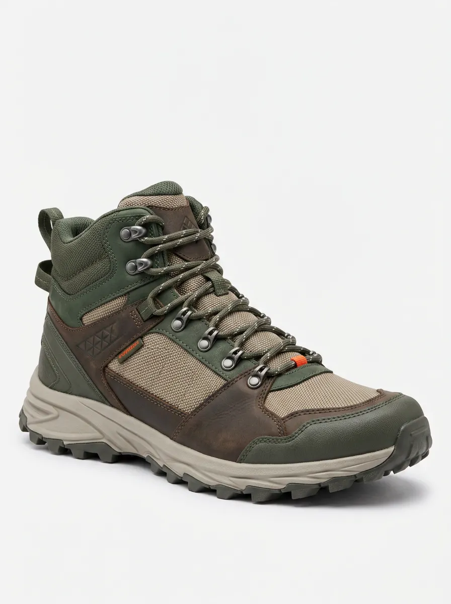 Men's Outdoor Hiking Adventure Olive Green Leather Printed Boots