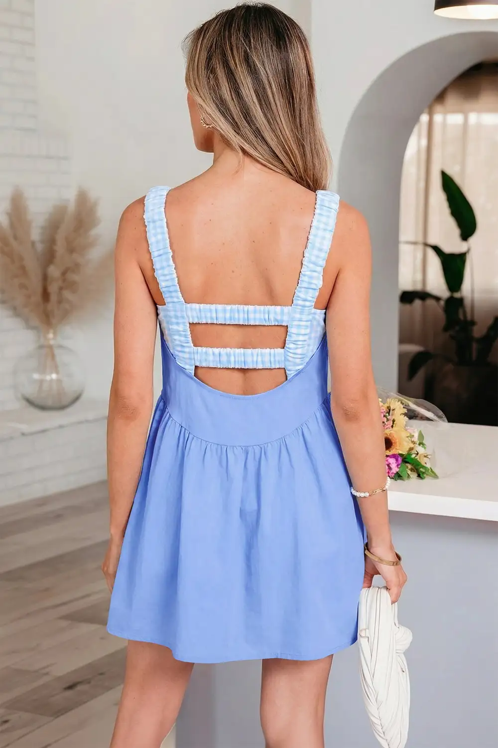 Casual Gingham Contrast Trim Mixed Panel Mini Dress