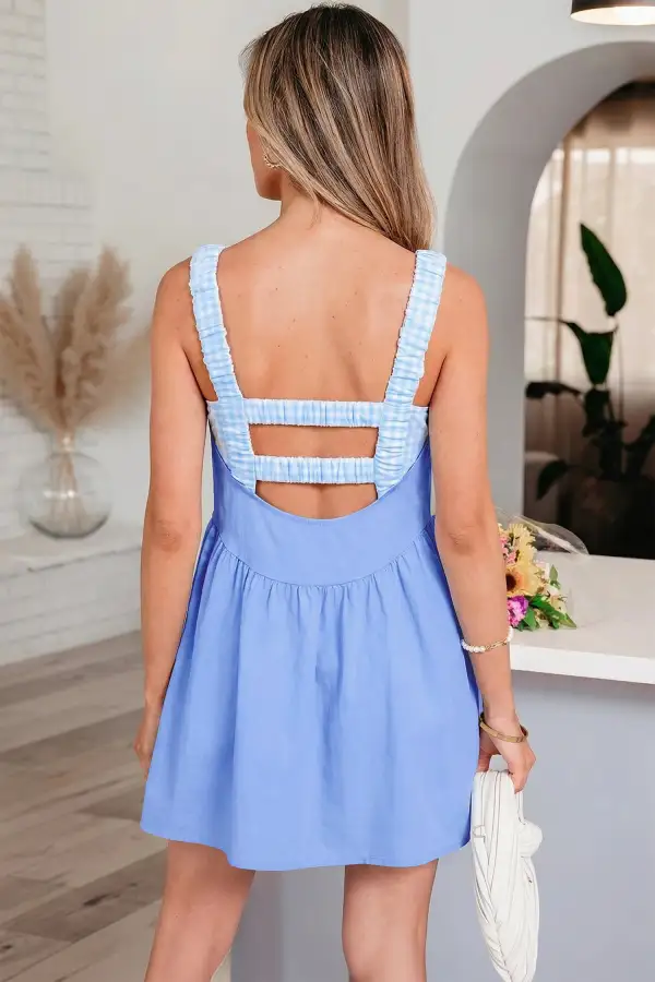 Casual Gingham Contrast Trim Mixed Panel Mini Dress