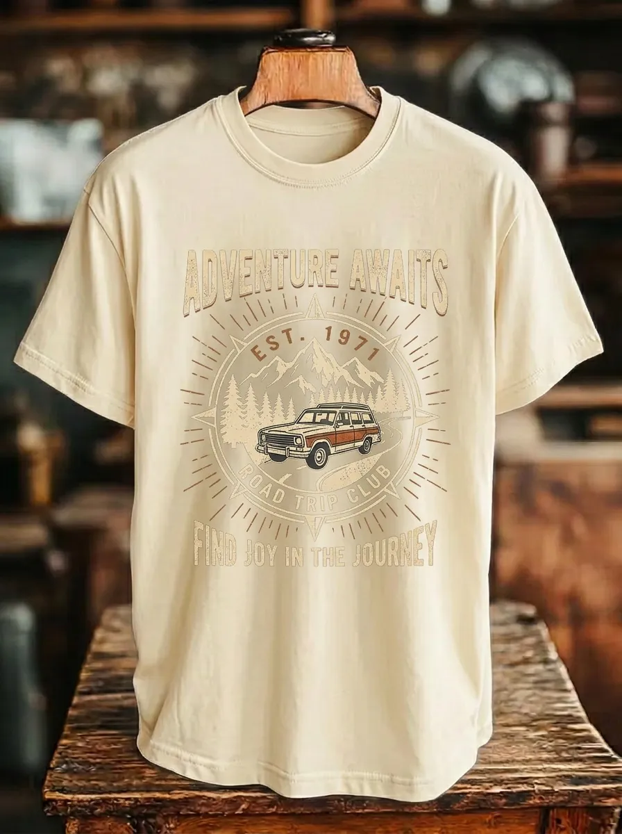 Unisex Adventure Road Trip Mountain Car Printed T-shirt