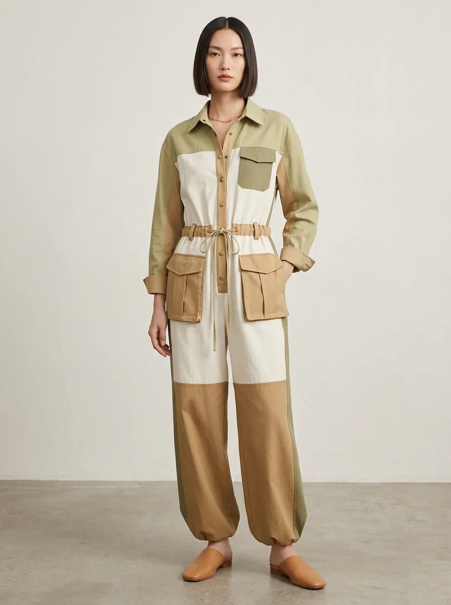 Women's Casual Utility Colorblock Patchwork Drawstring Jumpsuit
