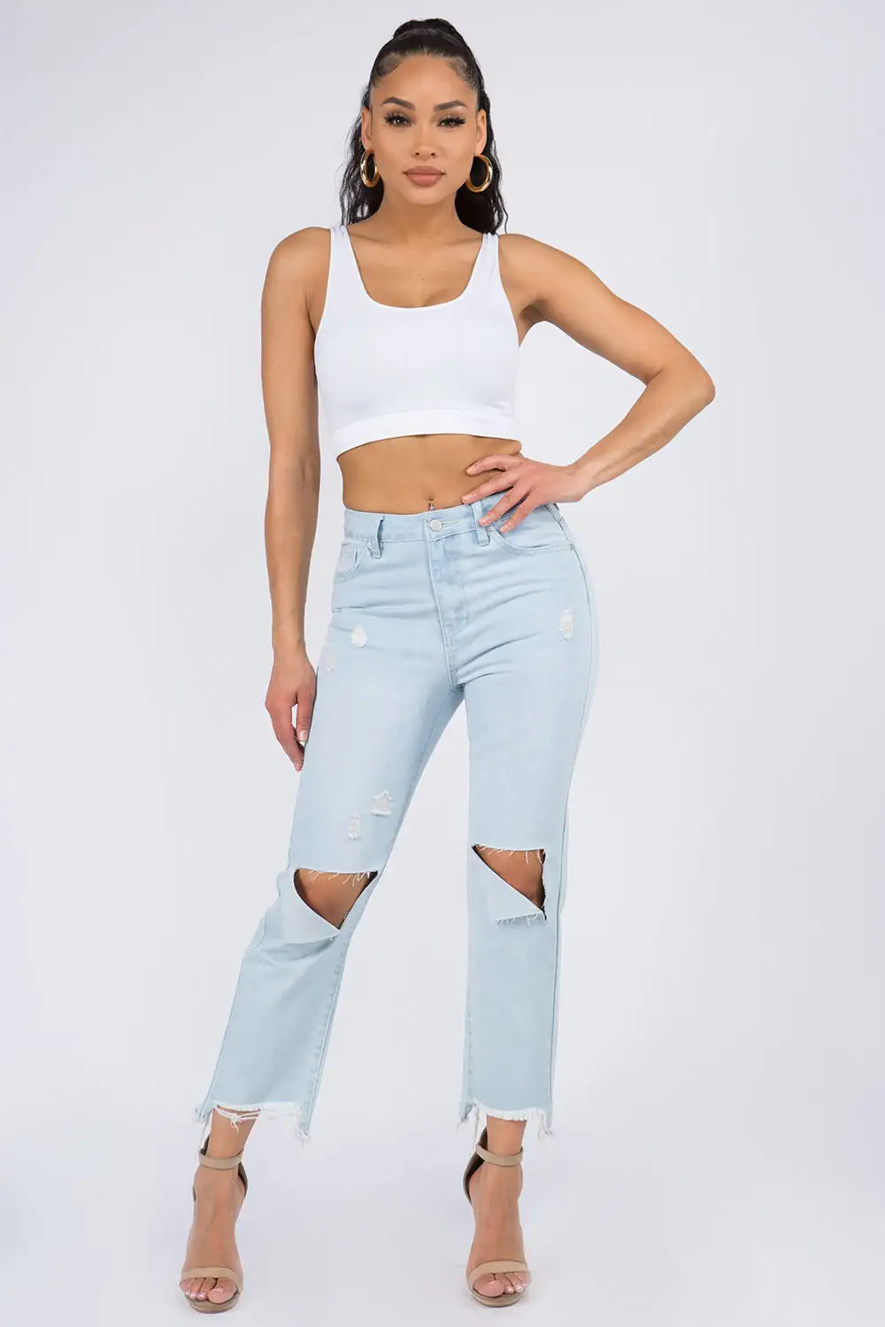 Classic High Waist Raw Hem Distressed Denim Jeans