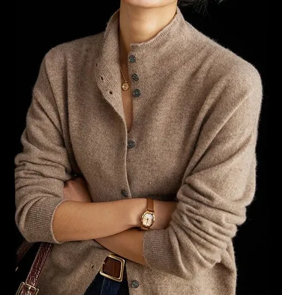 Cashmere Wool Button-Front Turtleneck Cardigan