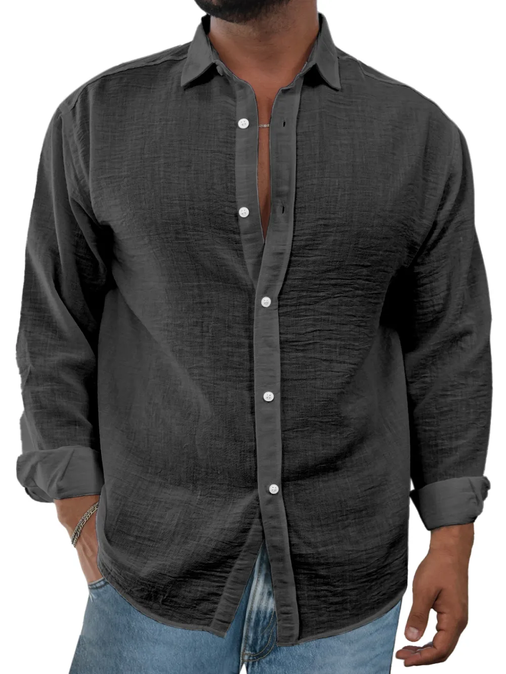 Linen Blend Open Collar Shirt