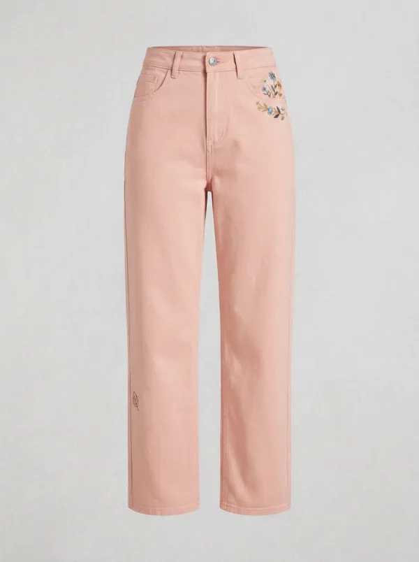 Women's Floral Embroidery Beige Mid-Rise Straight Leg Pants