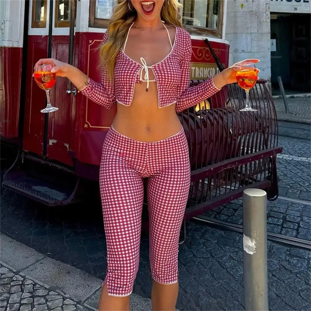 Low-Waist Plaid Elastic-Waist Slim Matching Set