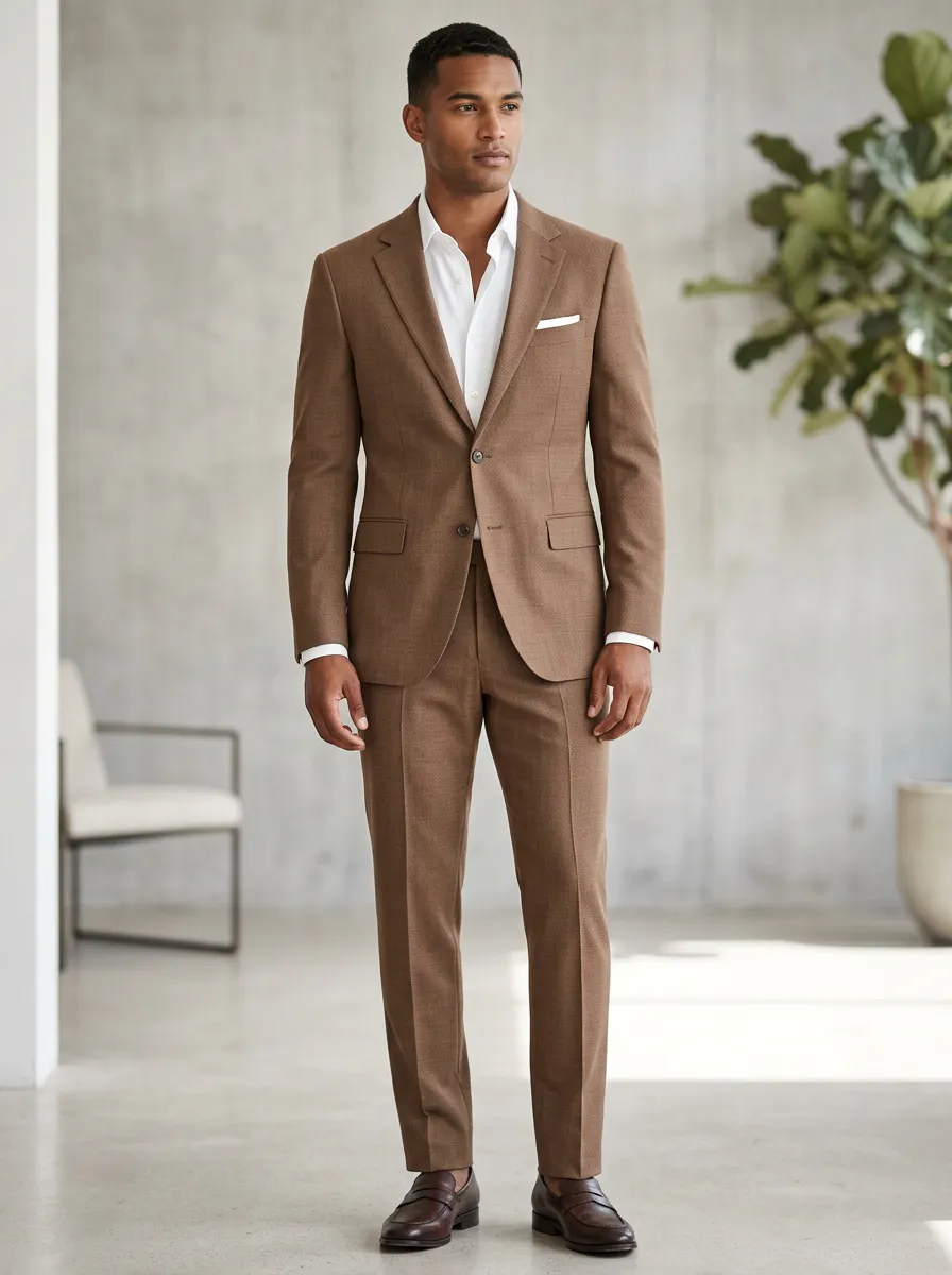 Men's Business Formal Brown Solid Color Tailored Suit Set