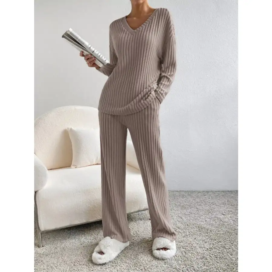 Classic Ribbed Knit Long Sleeve Top and Pants Set