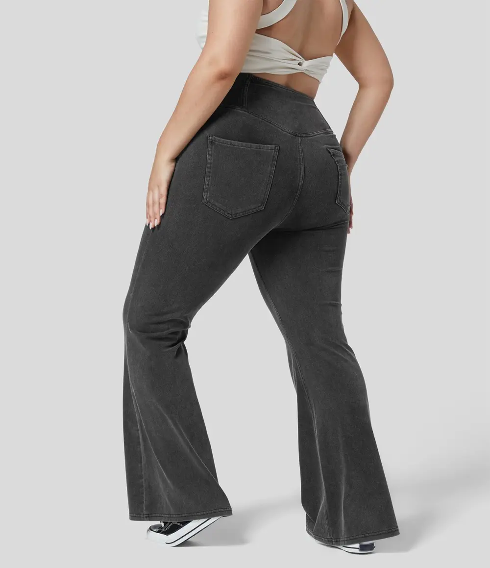 Magic High Waisted Crossover Pocket Cool Touch Breathable Washed Stretchy Knit Plus Size Casual Super Flare Jeans