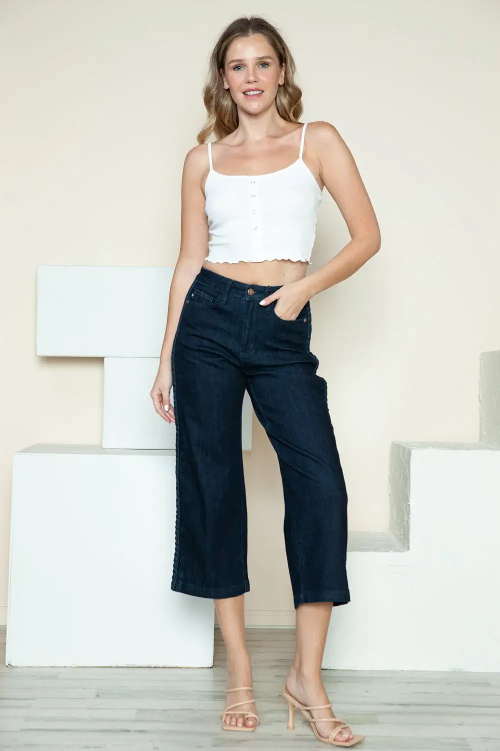 Side Seam Braid Detail Crop Wide Denim Jeans