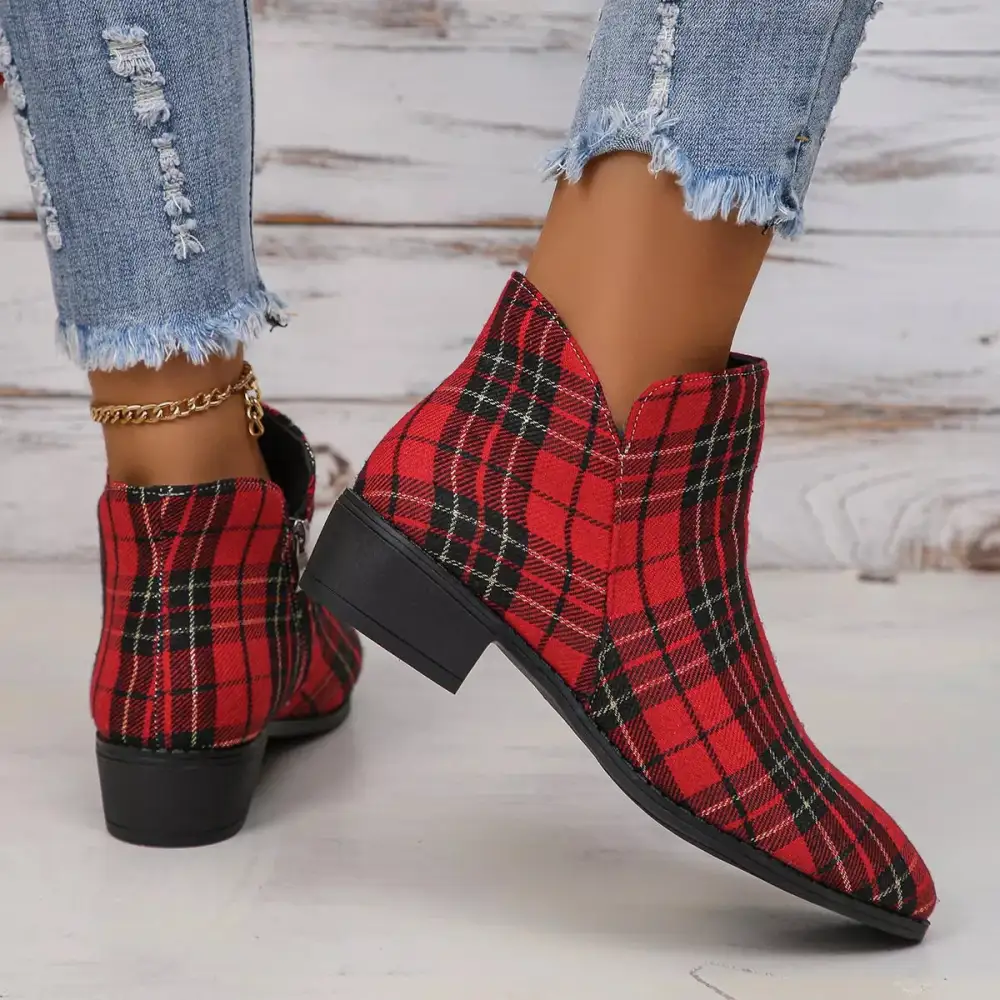 Plaid Pointed Toe Ankle Boots