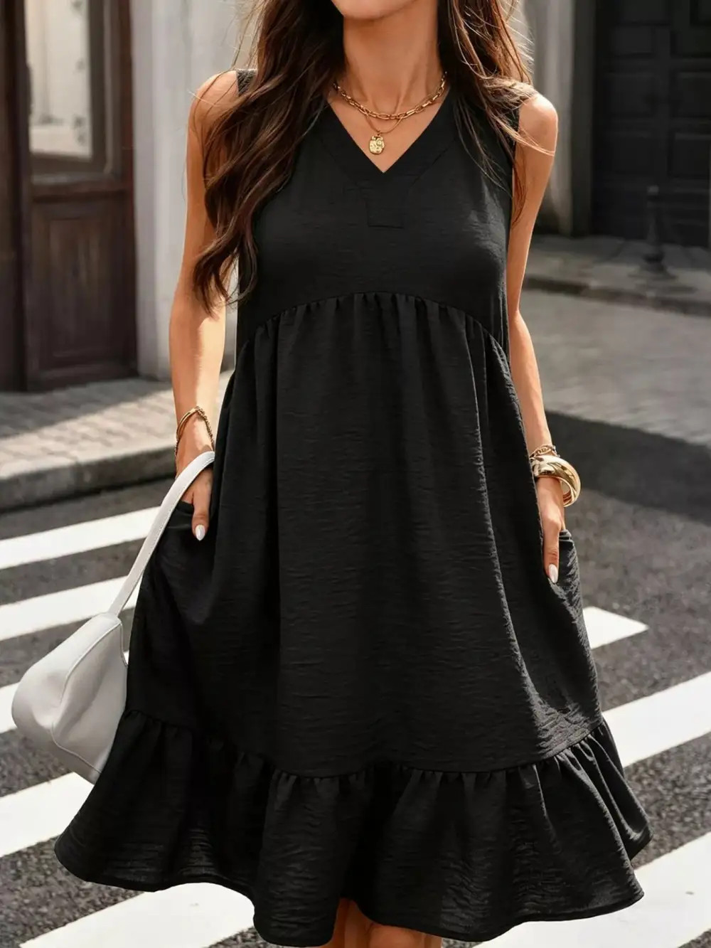 V Neck Ruffle Sleeveless Dress Casual