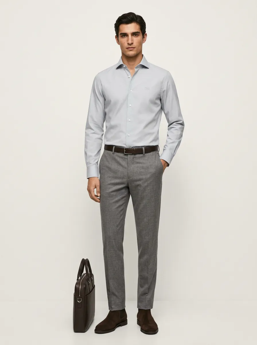 Men's Smart-Casual Non-Iron Cotton Solid Light Blue Dress Shirt