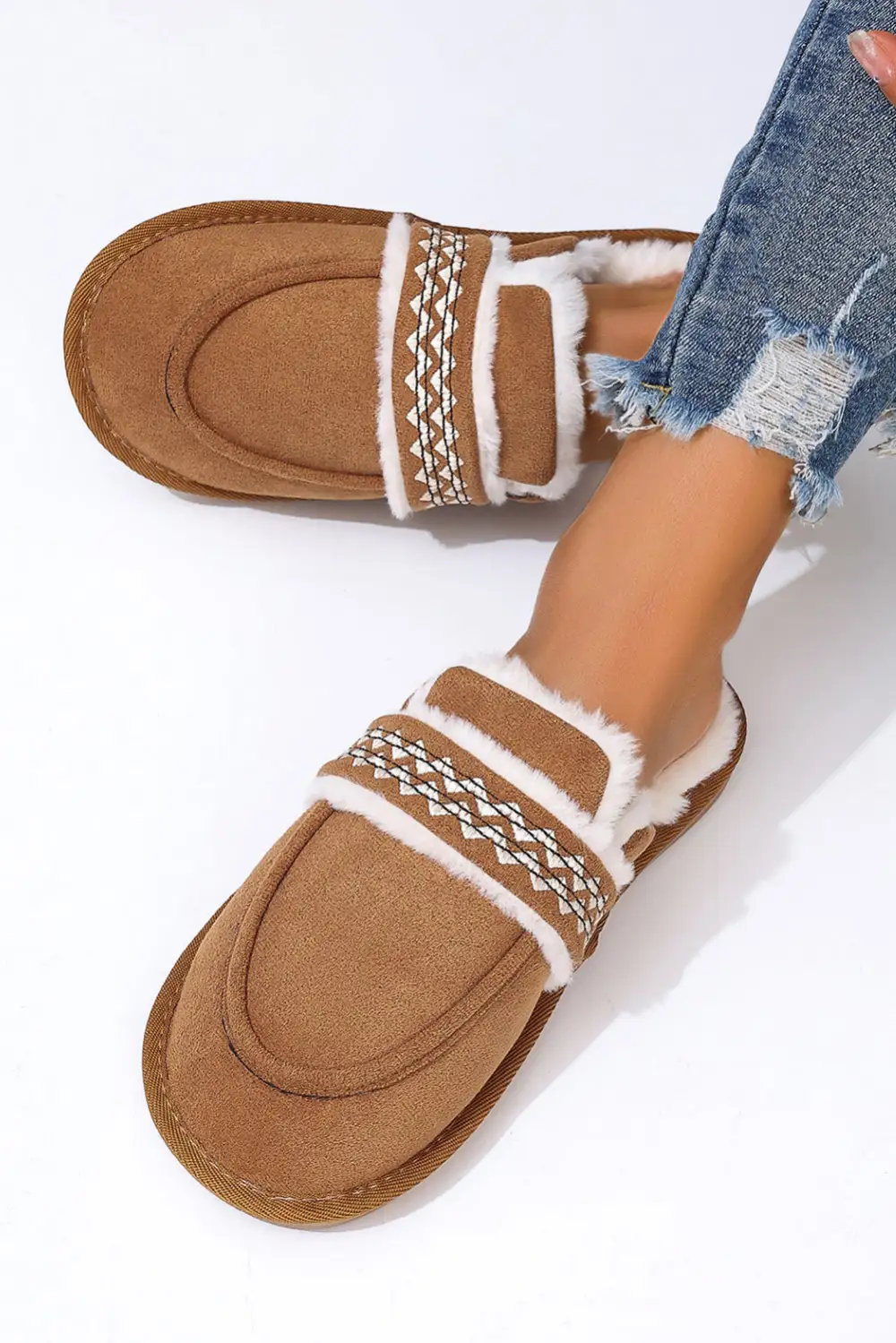 Suede Wavy Striped Plush Lined Home Slide Slippers