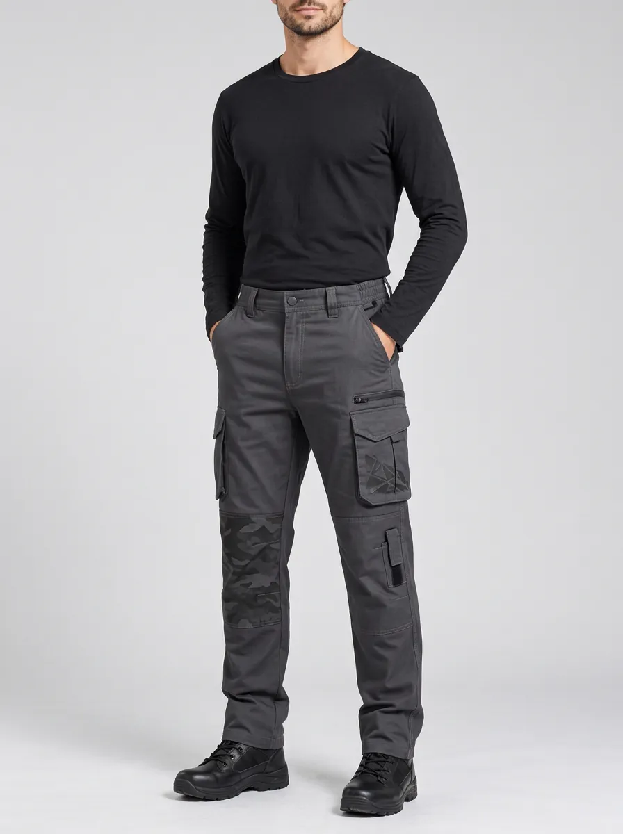 Men's Charcoal Grey Geometric Multi-Pocket Tactical Cargo Pants