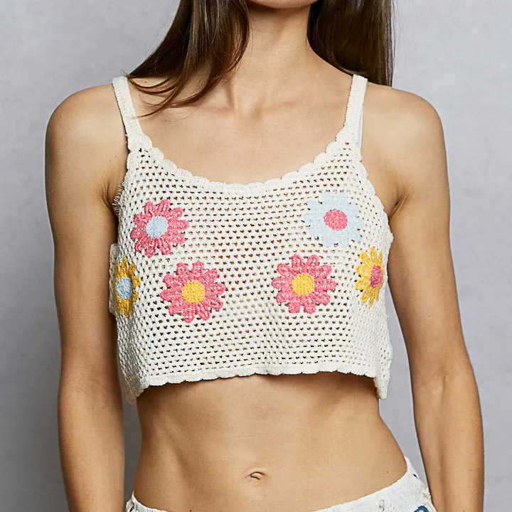 U-Neck Cropped Crochet Cami With Floral Embroidery Detail