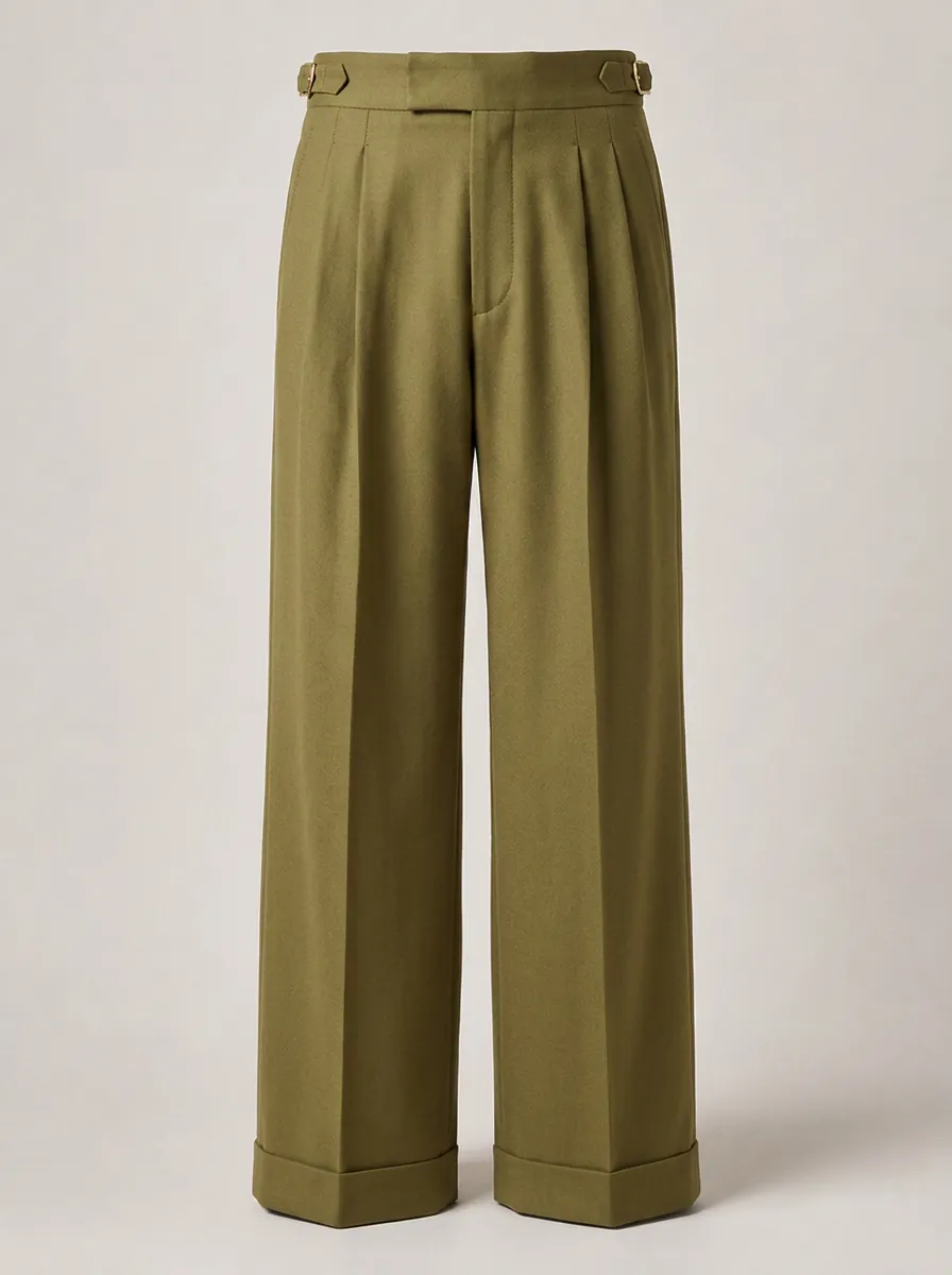 Men's Olive Green Pleated Side-Buckle Wide Leg Trousers