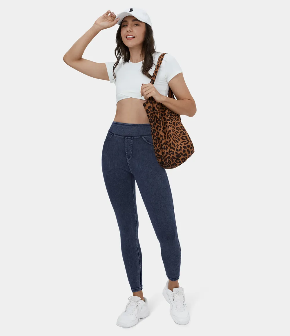 Magic High Waisted Back Side Pocket Stretchy Knit Denim Casual Leggings