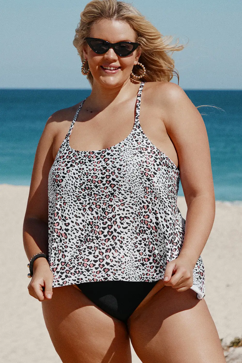 Swimwear Leopard Print Hem Irregular Plus Size Tankini Set
