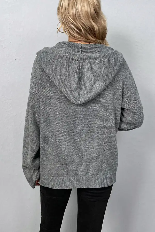 Drawstring Hooded Button Front Drop Shoulder Cardigan